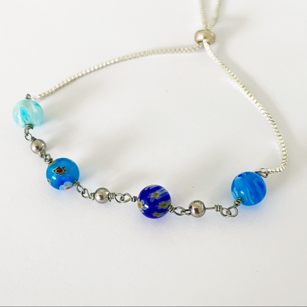 Sterling silver millefiori blue glass bead adjustable bracelet